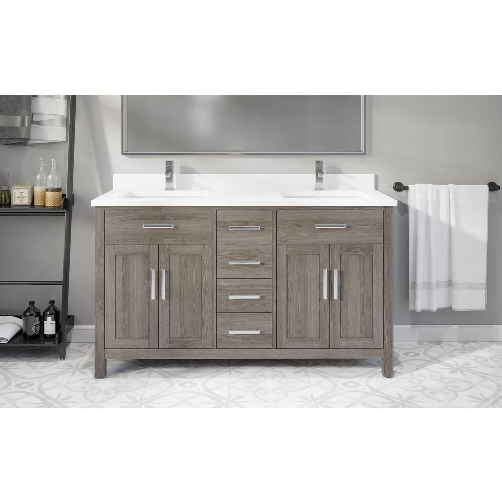 ART BATHE Kali 60 in. W x 22 in. D Bath Vanity in Gray ENGRD Stone Vanity Top in White with White Basin Power Bar and Organizer KA60FG