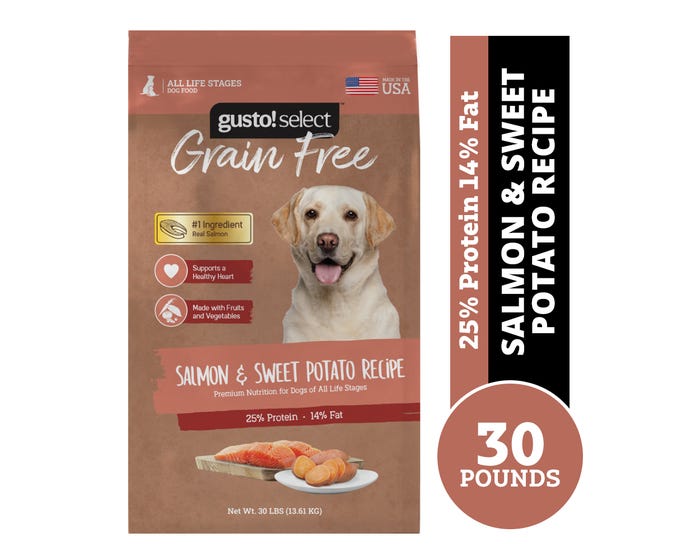 Gusto! Select Grain Free Salmon  Sweet Potato Recipe Dog Food， 30 lb. Bag