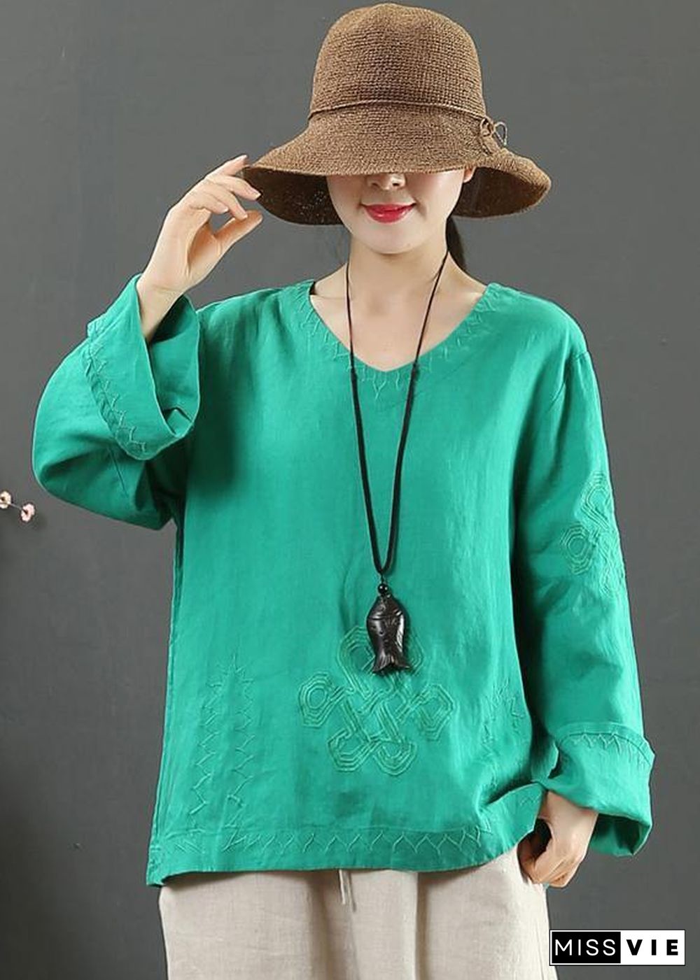 Elegant V Neck Embroidery Spring Tops Women Neckline Green Shirt