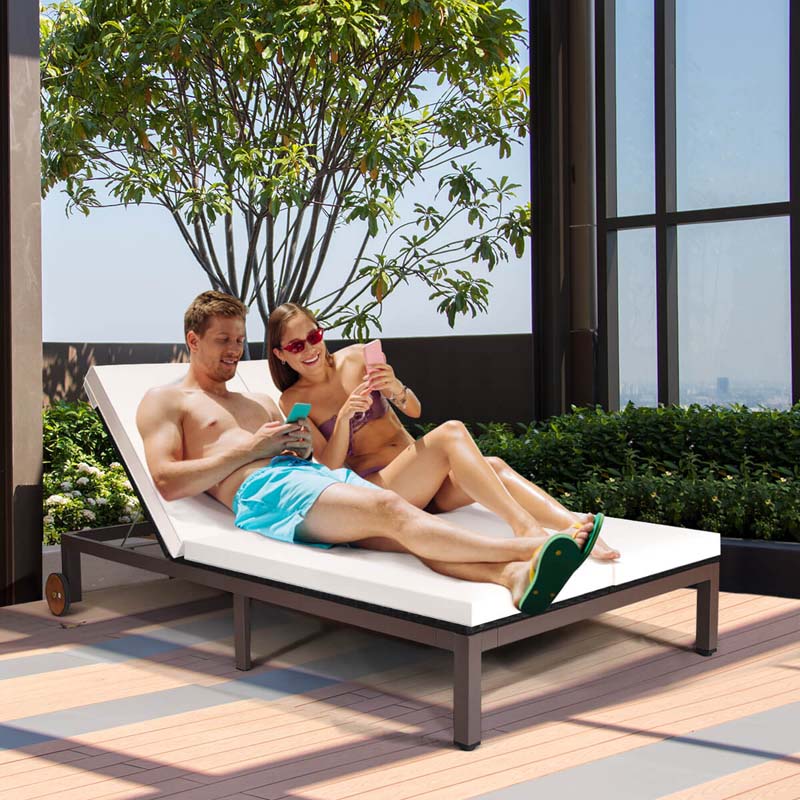 2-Person Rattan Patio Daybed Double Outdoor Chaise Lounge Chair with Adjustable Backrest, Wheels & Cushion