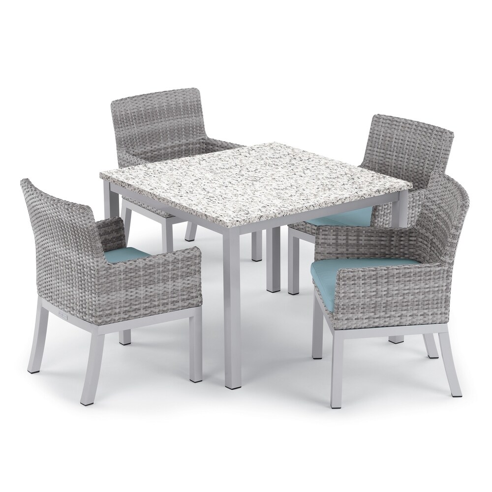 Oxford Garden Travira 5 piece 39 inch Lite Core Ash Dining Table   Argento Resin Wicker Armchair Set   Ice Blue Cushions