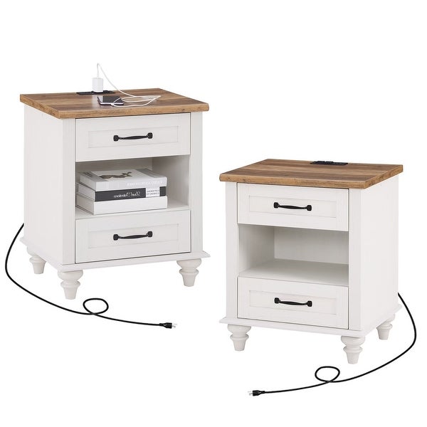 Mid Century End Table Nightstand with Drawer and Charging Station， White