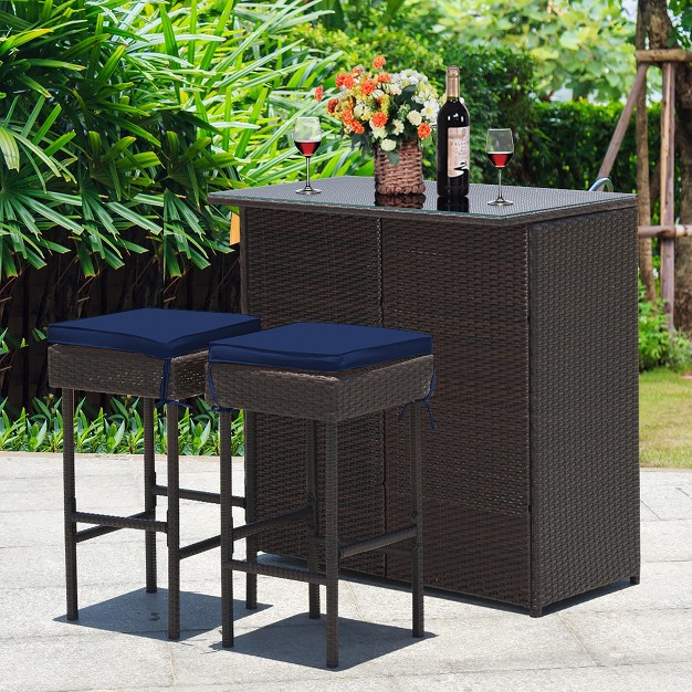 Costway Patio 3pcs Rattan Bar Table Stool Set Cushioned Chairs With Cover