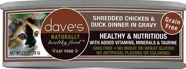 Dave's Pet Food Shredded Chicken and Duck Dinner in Gravy Recipe Wet Cat Food， 2.8-oz can， case of 24