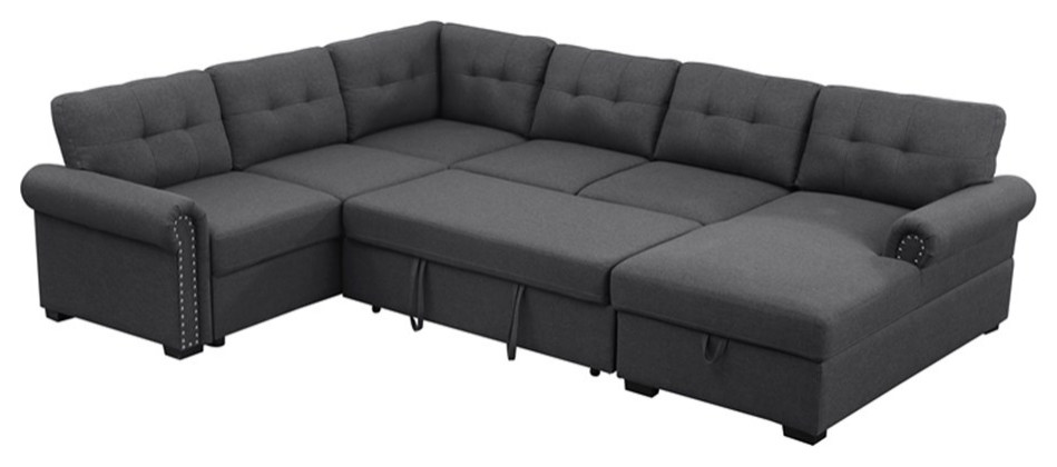 Alexent Classic Sectional Sleeper Sofa w Storage Chaise Lounge  Dark Grey   Transitional   Sleeper Sofas   by Homesquare  Houzz