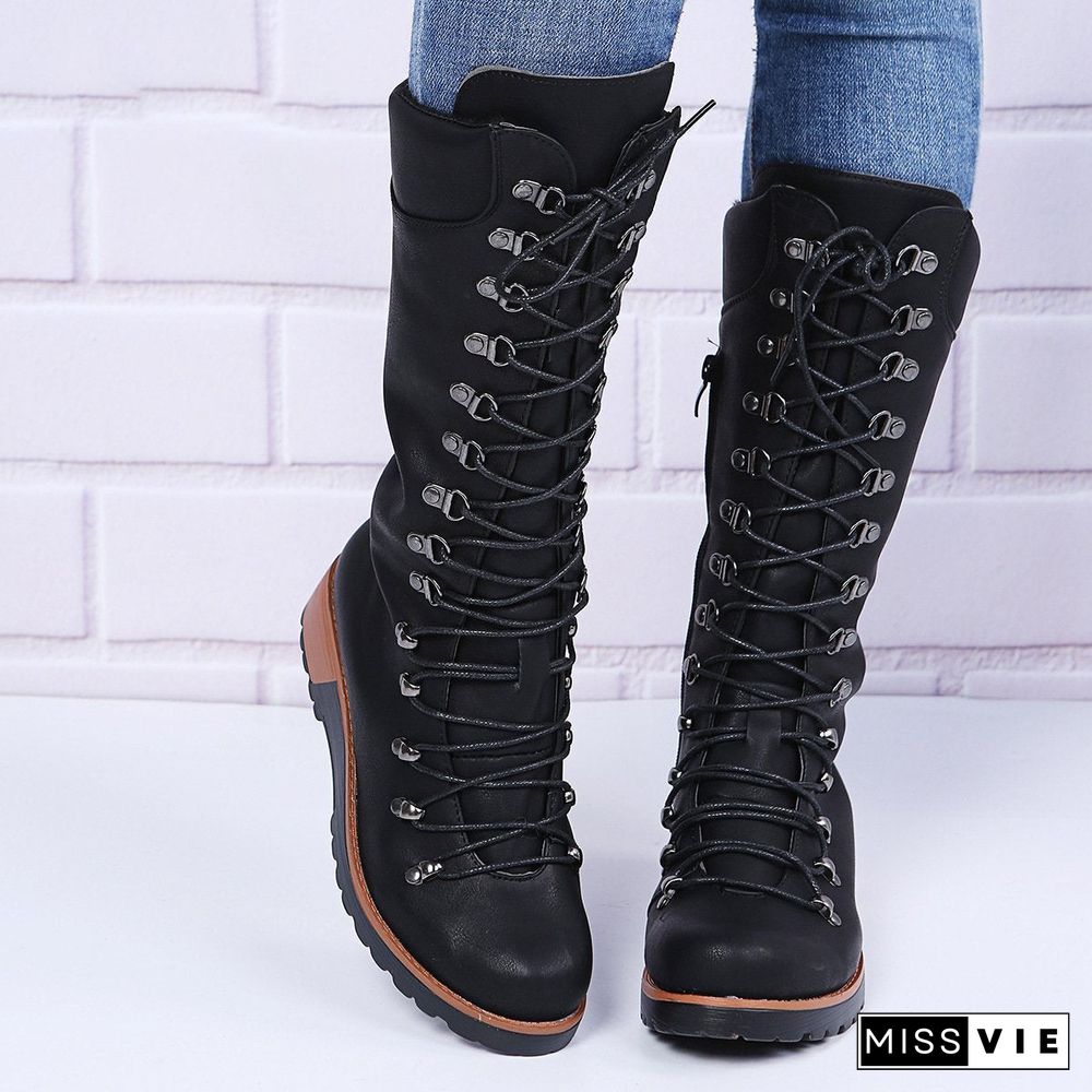 Retro Women Lace-Up Calf Boots