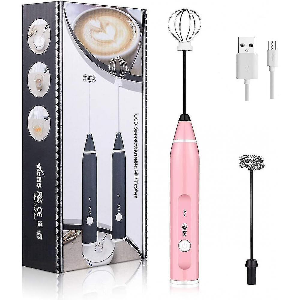 Pink Electric Milk Frother Handheld Foam Maker Usb Egg Beater Rechargeable Drink Mixer With 3 Speeds Lc689