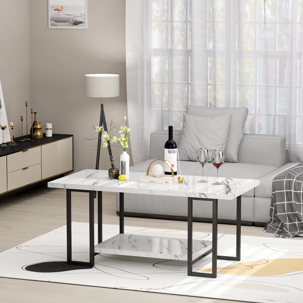 2 -Tier Rectangle Coffee Table， Black Base and Faux Marble Table top for Living Room， Double Metal Leg Design