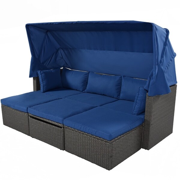 4Piece Outdoor Wicker Sectional Patio Daybed with Canopy and Ottoman