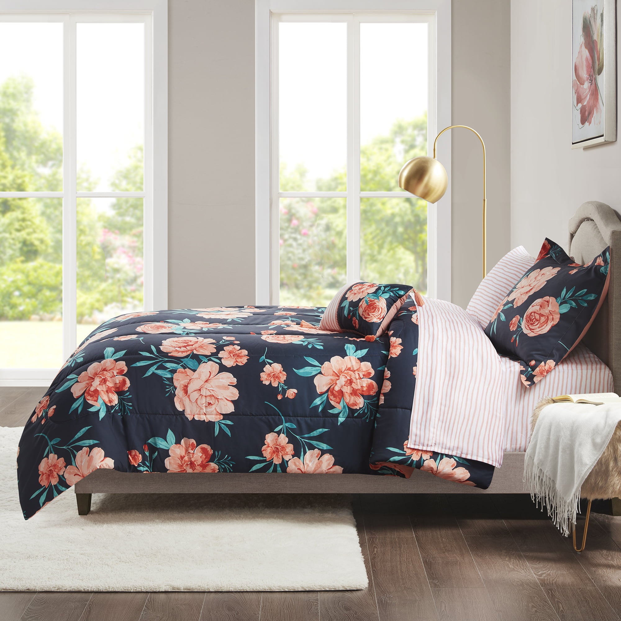 Mainstays Peach Floral 6 Piece Bed in a Bag Comforter Set with Sheets， Twin/Twin XL