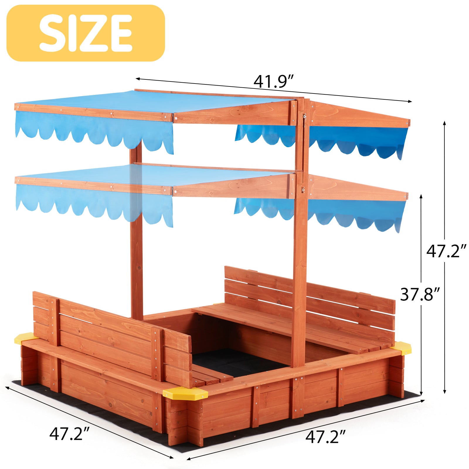 AVAWING Kids Sandbox with Canopy(47.2x 47.2x 47.2)，Wooden Sandbox Toys for Toddlers aged 2-4， with Two Beach Seats， UV-Resistant and Adjustable Height Roof Sand Protection， Blue and Red