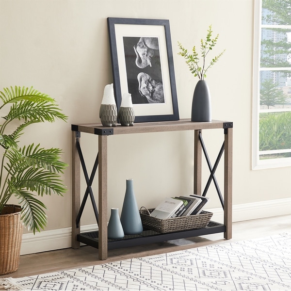 Farmhouse Entry Table， Industrial Sofa Table with 2 Tier Console Table