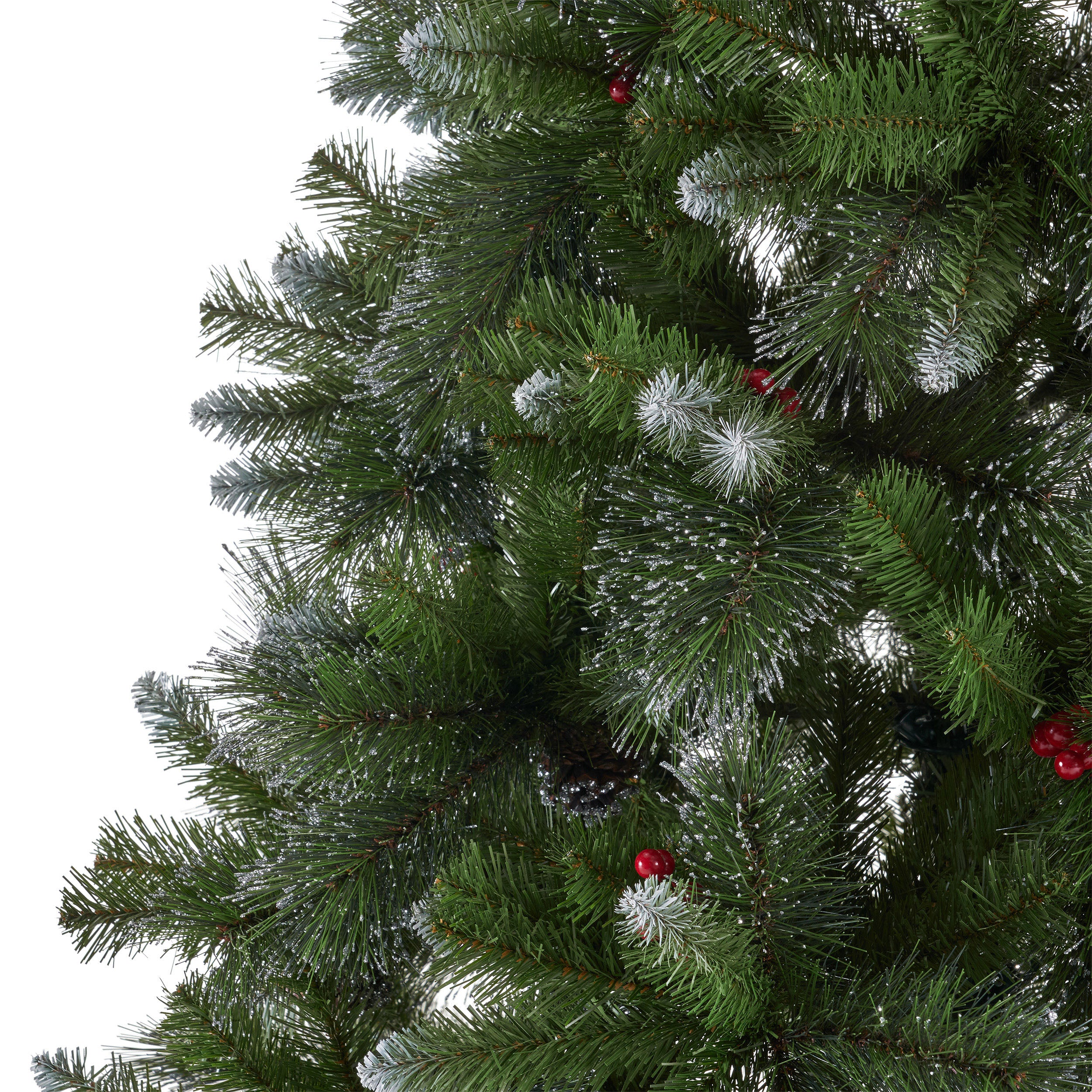 7.5-foot Mixed Spruce Hinged Artificial Christmas Tree with Glitter Branches, Red Berries, and Pinecones