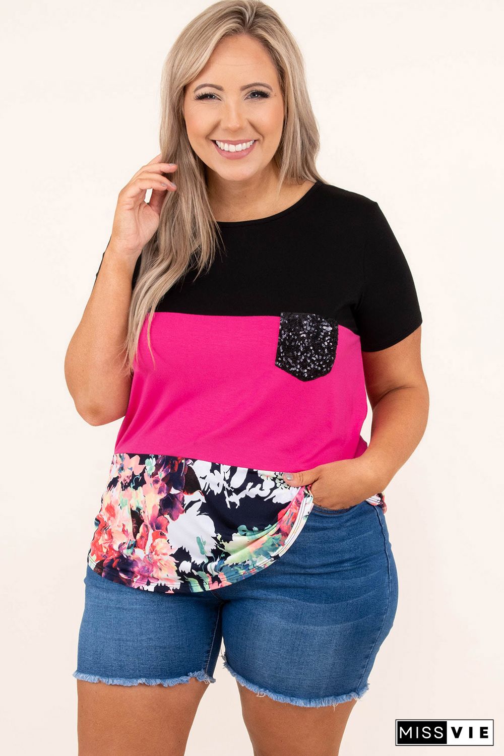 Black Floral Color Block Sequin Pocket Plus Size Tee