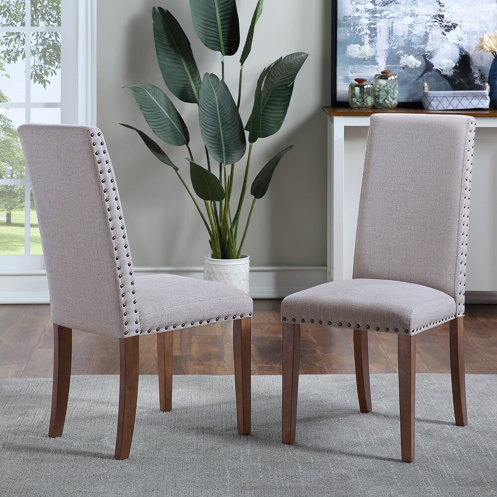 Linen Upholstered Seat Set of 2 Dining Chairs Fabric High back Chairs with Copper Nails   Wooden Legs Perfect for Restaurant