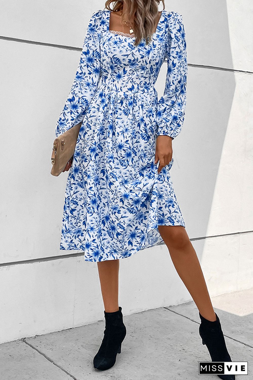 Blue Square Neck Elastic Waist Floral Dress