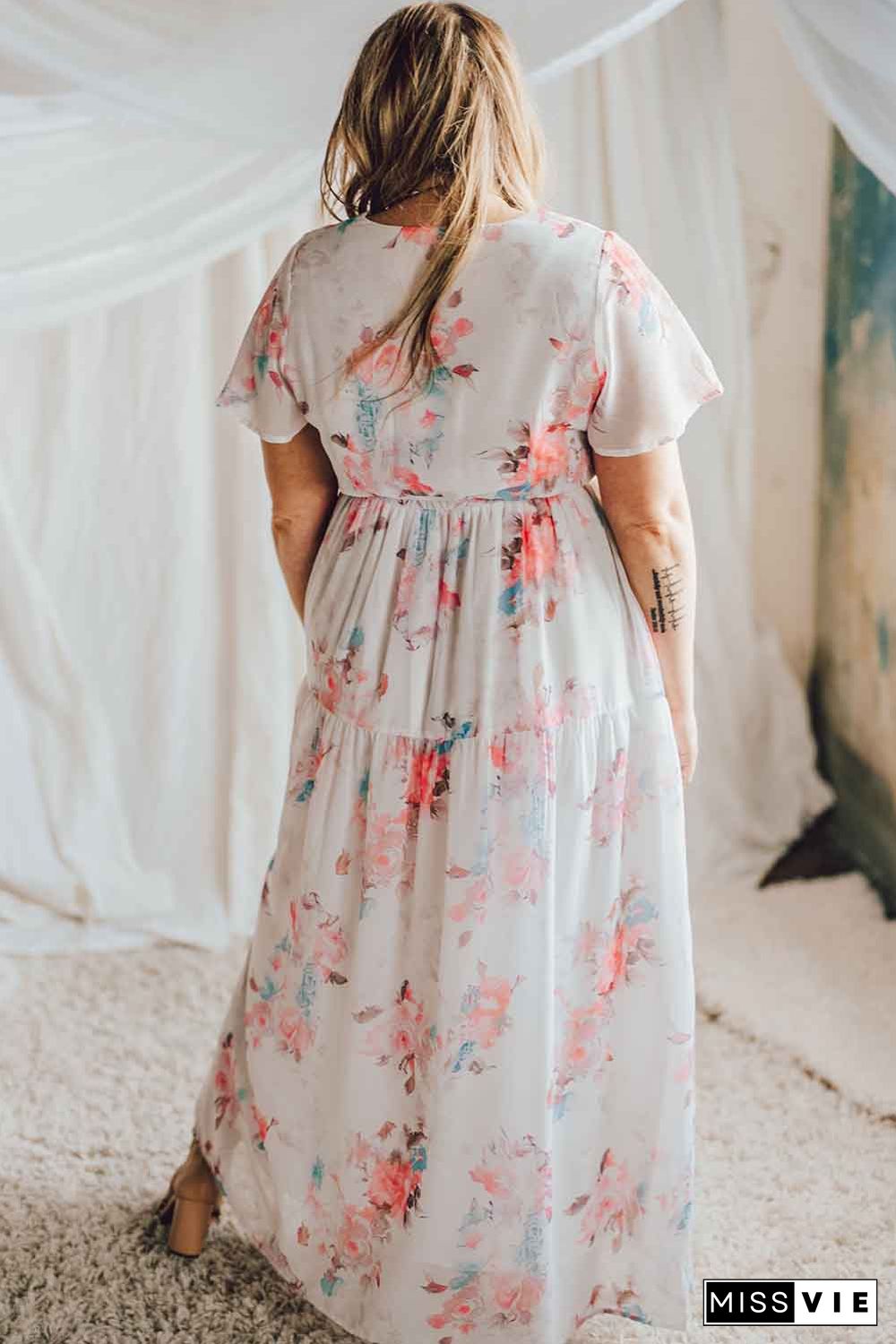 White Floral Print Lace-up High Waist Plus Size Maxi Dress