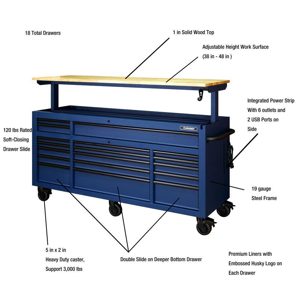 Husky 72 in. W x 24 in D Heavy Duty 18-Drawer Mobile Workbench with Mechanics Tool Set (1025-Piece) in Matte Blue H1025TB72BLUCB