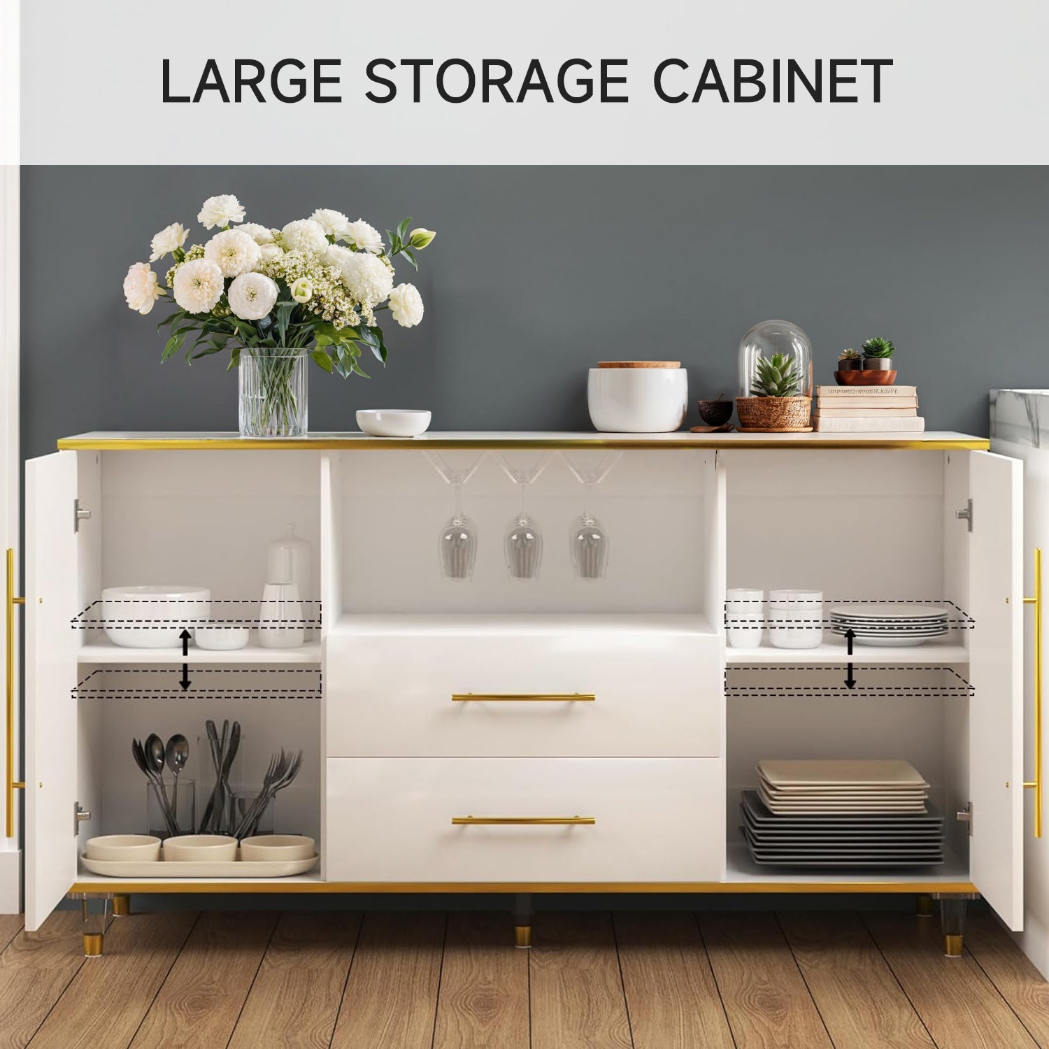 Buffet Cabinet High Glossy Kitchen Sideboard Cabinet with Drawers, Wine Glass Holder, Adjustable Shelf