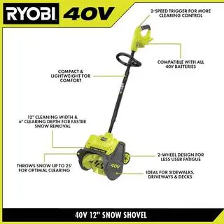 RYOBI 40V 12 in. Single-Stage Cordless Electric Snow Shovel with 4.0 Ah Battery and Charger RY408130