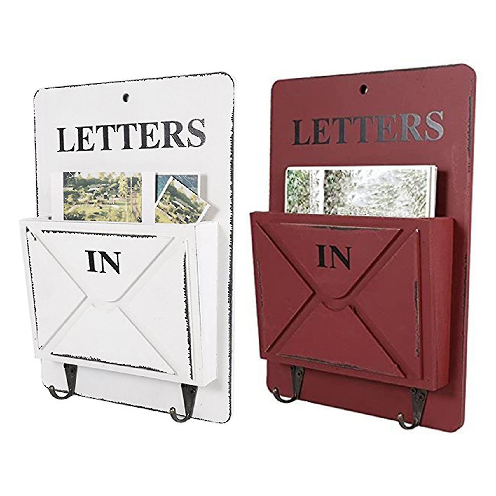 2 Pcs Wooden Mail Box Letter Rack Wall Mounted Mail Sorter Storage Box Key Hooks Standing Holder， W