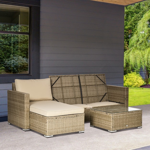 Outsunny 3 Piece Patio Furniture Set Rattan Outdoor Sofa Set With Chaise Lounge amp Loveseat Soft Cushions Storage Table Sectional Couch Khaki