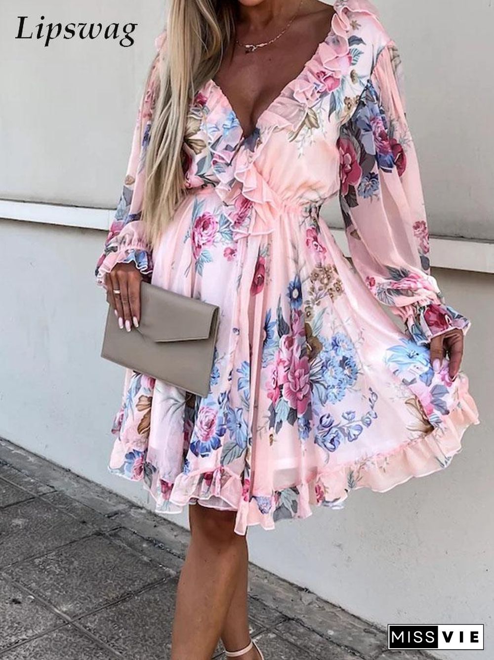 Sexy Backless Double V Neck Ruffle Party Dress Fashion Boho Floral Print Chiffon Beach Dress Elegant Women Tie Pleat Mini Dress