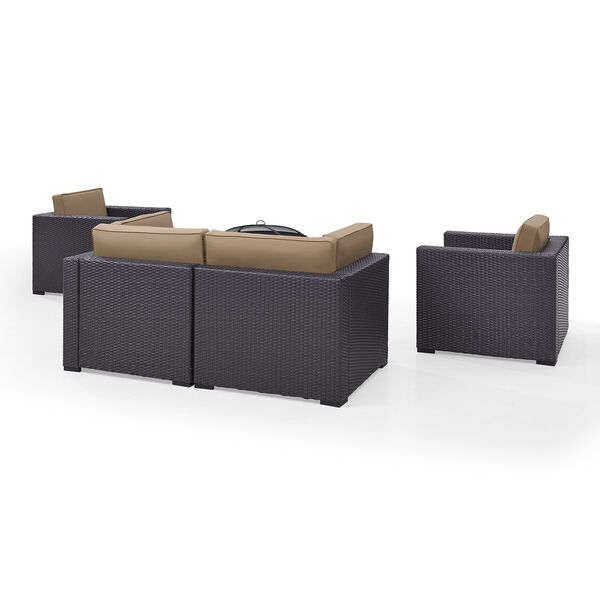 Biscayne 4 Person Outdoor Wicker Seating Set in Mocha - Two Armchairs， Two Corner Chair， Ashland Firepit