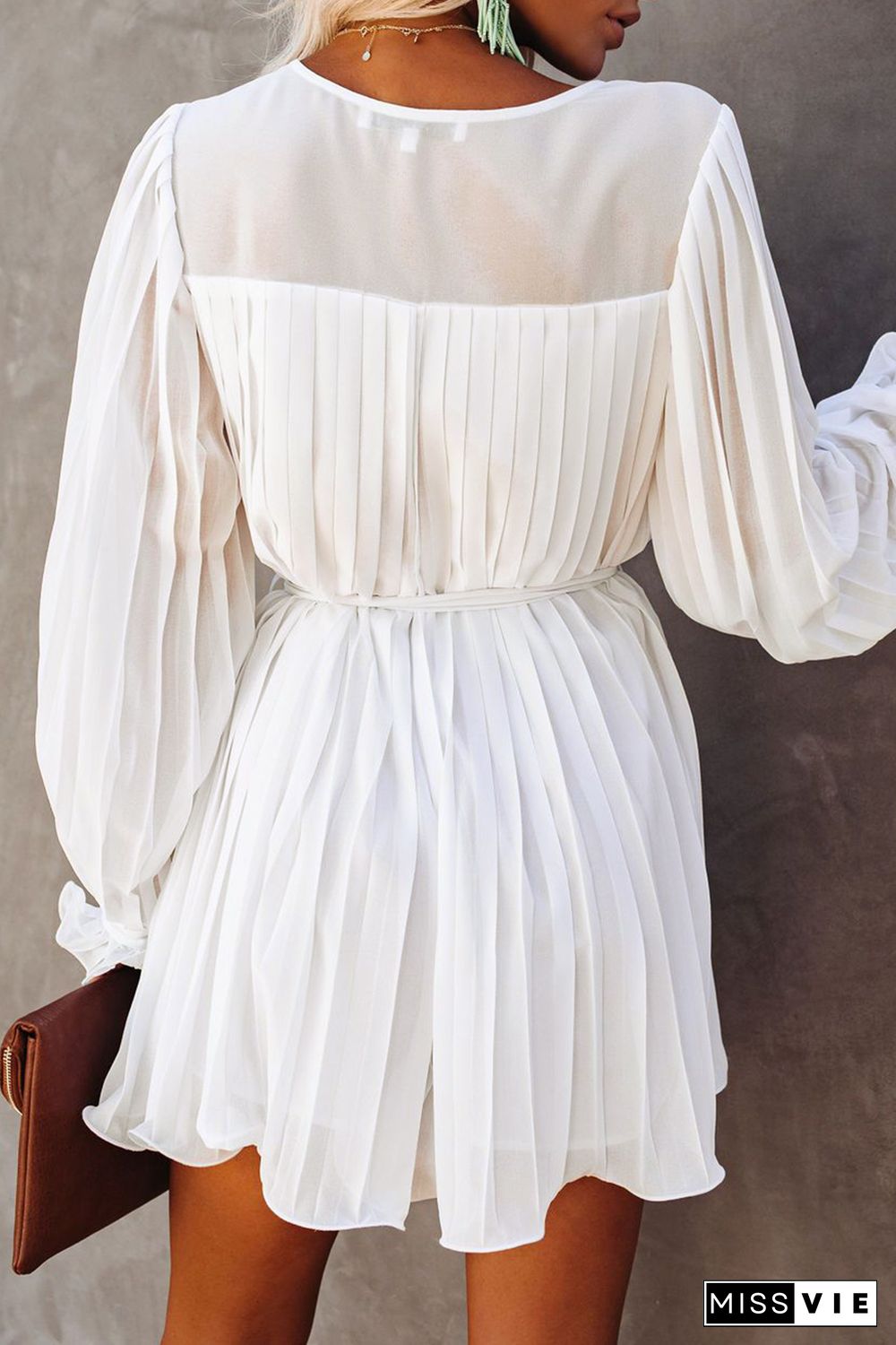 White Pleated Ruffled Tie Waist Buttons V Neck Romper