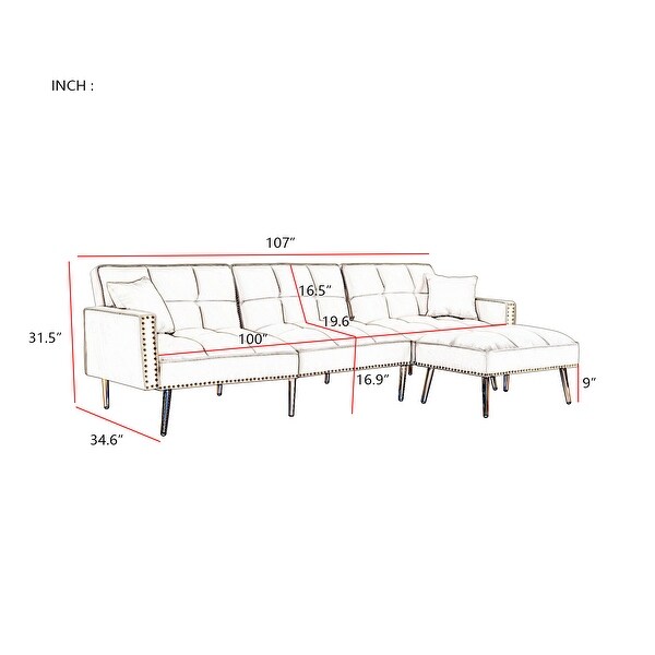 107'' Velvet Tufted Upholstered Converstible Sectional Sofa Bed with Nailhead