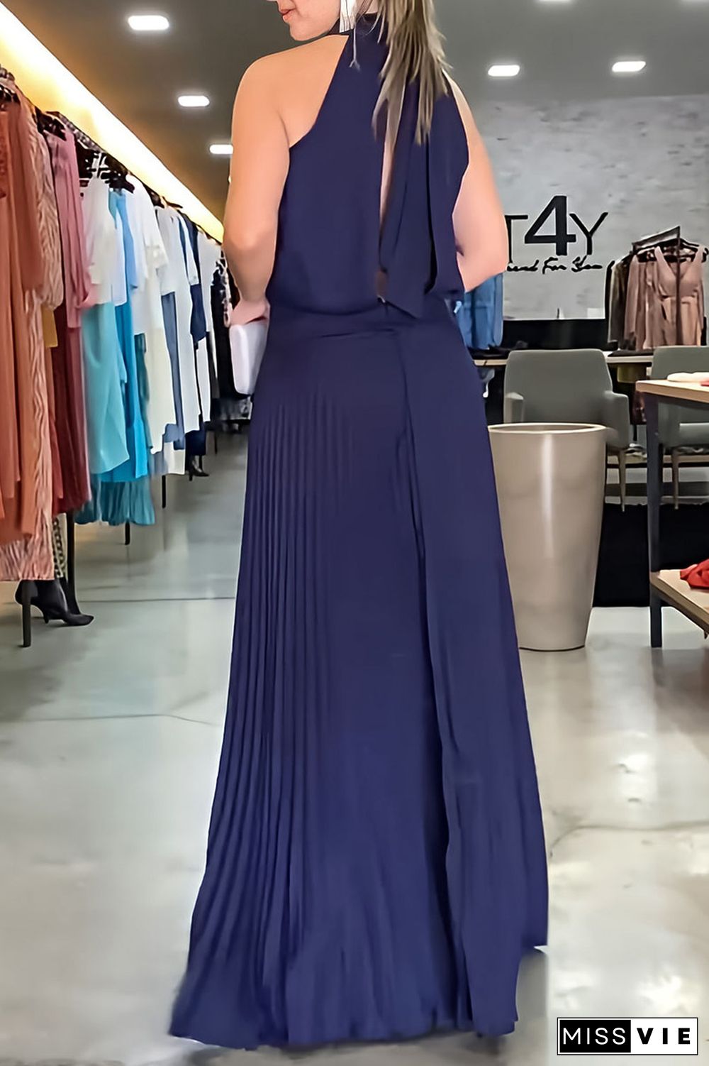 Blue Casual Solid Patchwork Backless Fold Halter Straight Dresses