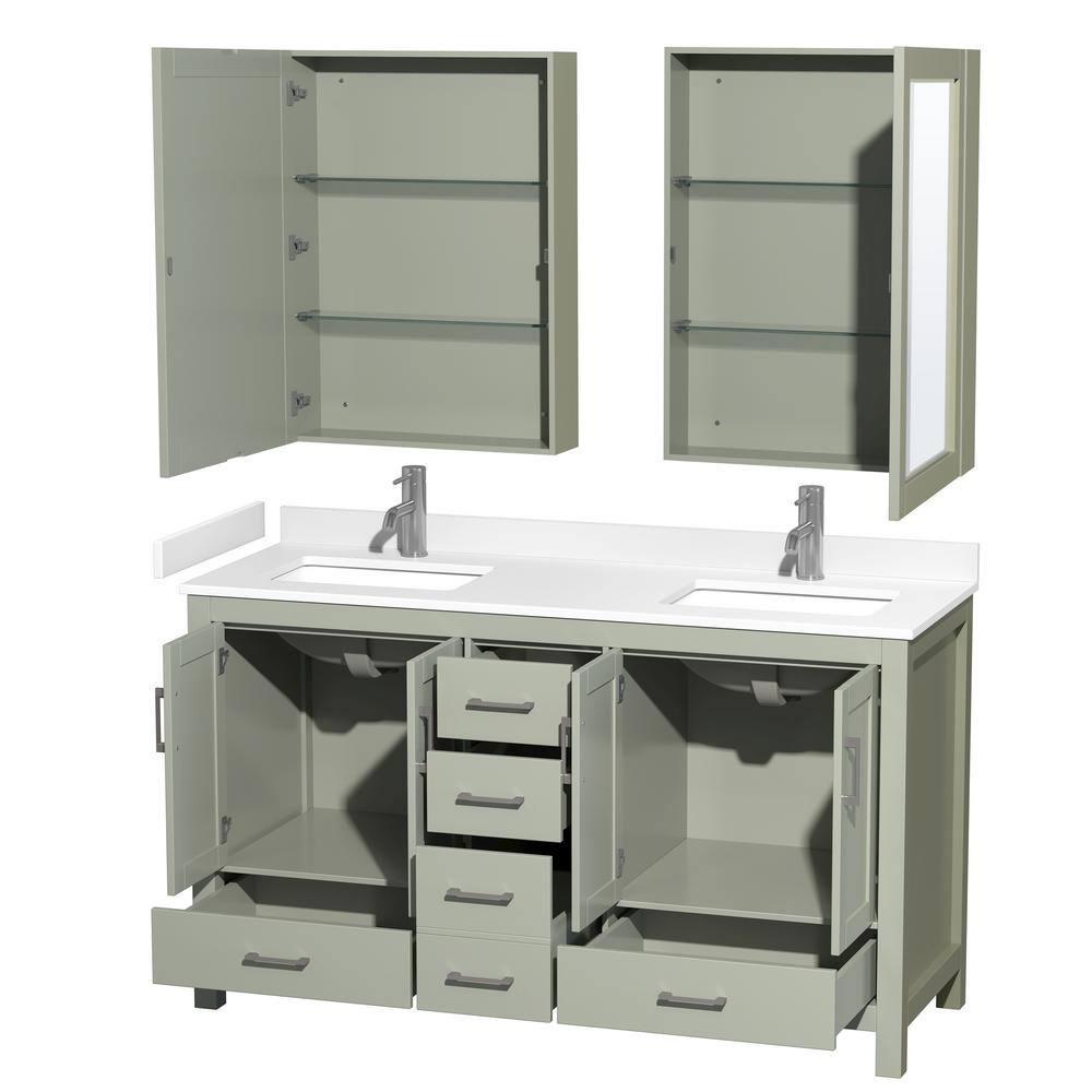 Wyndham Collection Sheffield 60 in. W x 22 in. D x 35 in. H Double Bath Vanity in Light Green with White Cultured Marble Top and MC Mirrors WCS141460DLGWCUNSMED