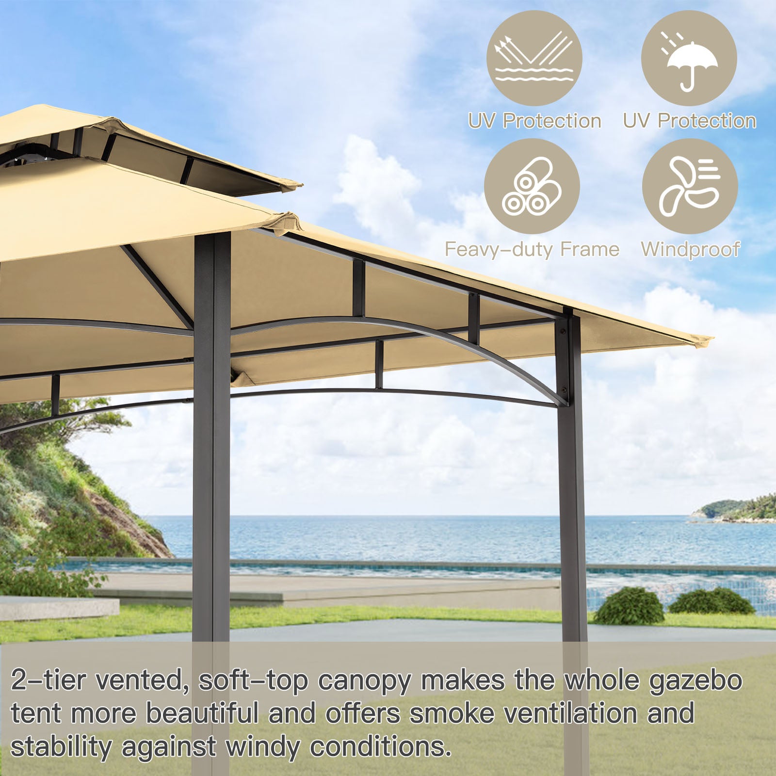 AECOJOY 8' x 5' Outdoor Grill Gazebo with Vented Top, Double Tier BBQ Canopy Gazebo-Beige, 5 inch