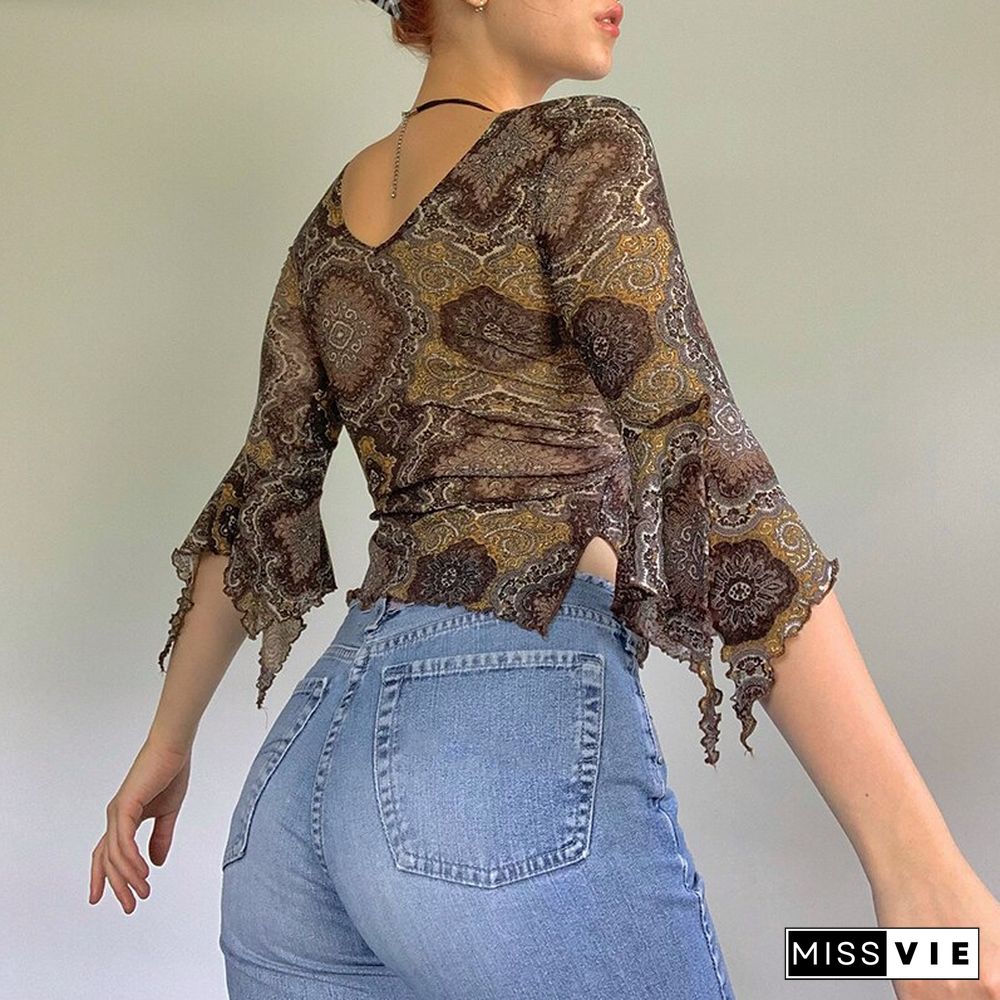 Autumn Lace Floral Mesh Tops Women Vintage Half Flare Sleeve V Neck T-Shirts Female Elegant Slim Brown Tee Shirts Mujer