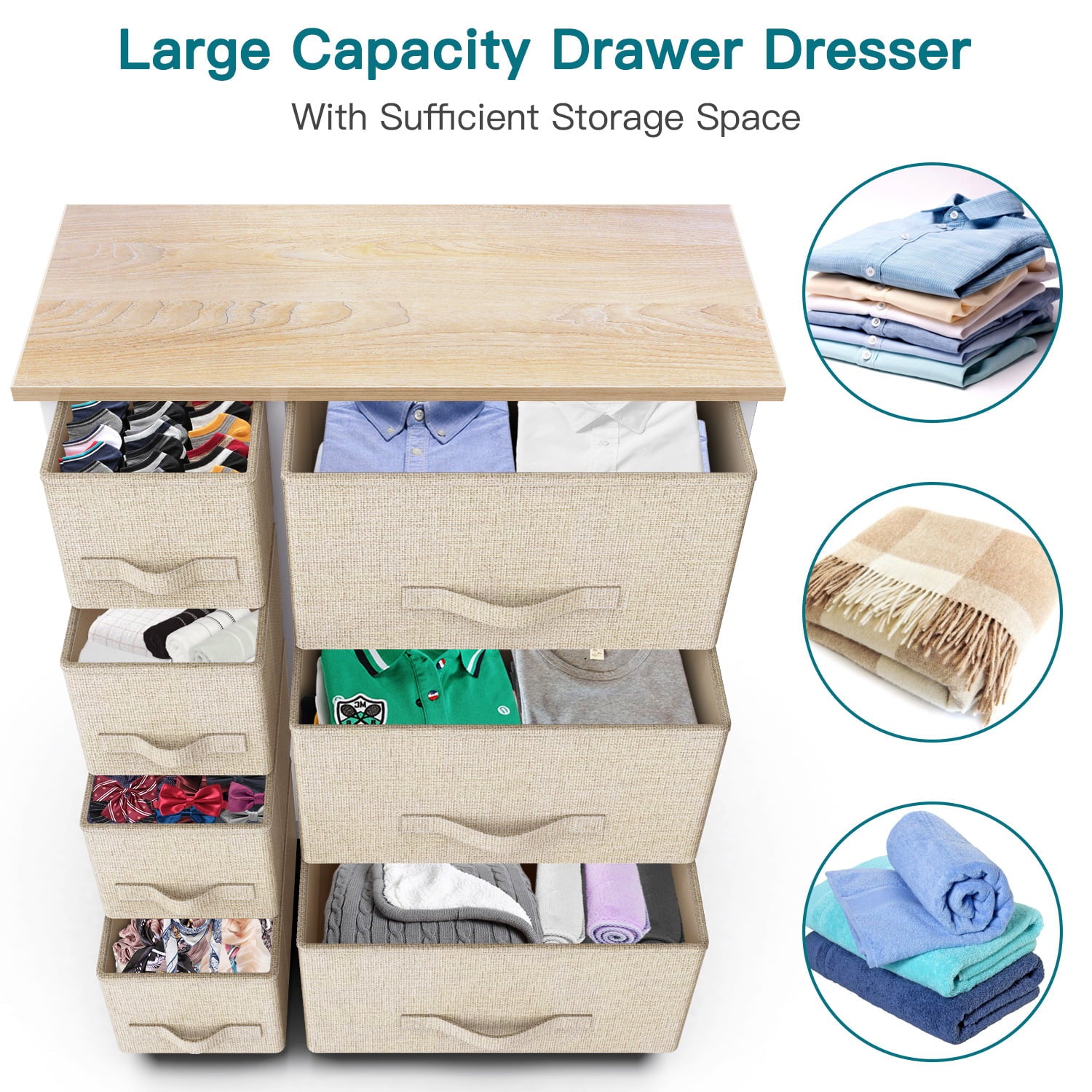 Beige Modern 7 Drawer Fabric Dresser with Wood Top