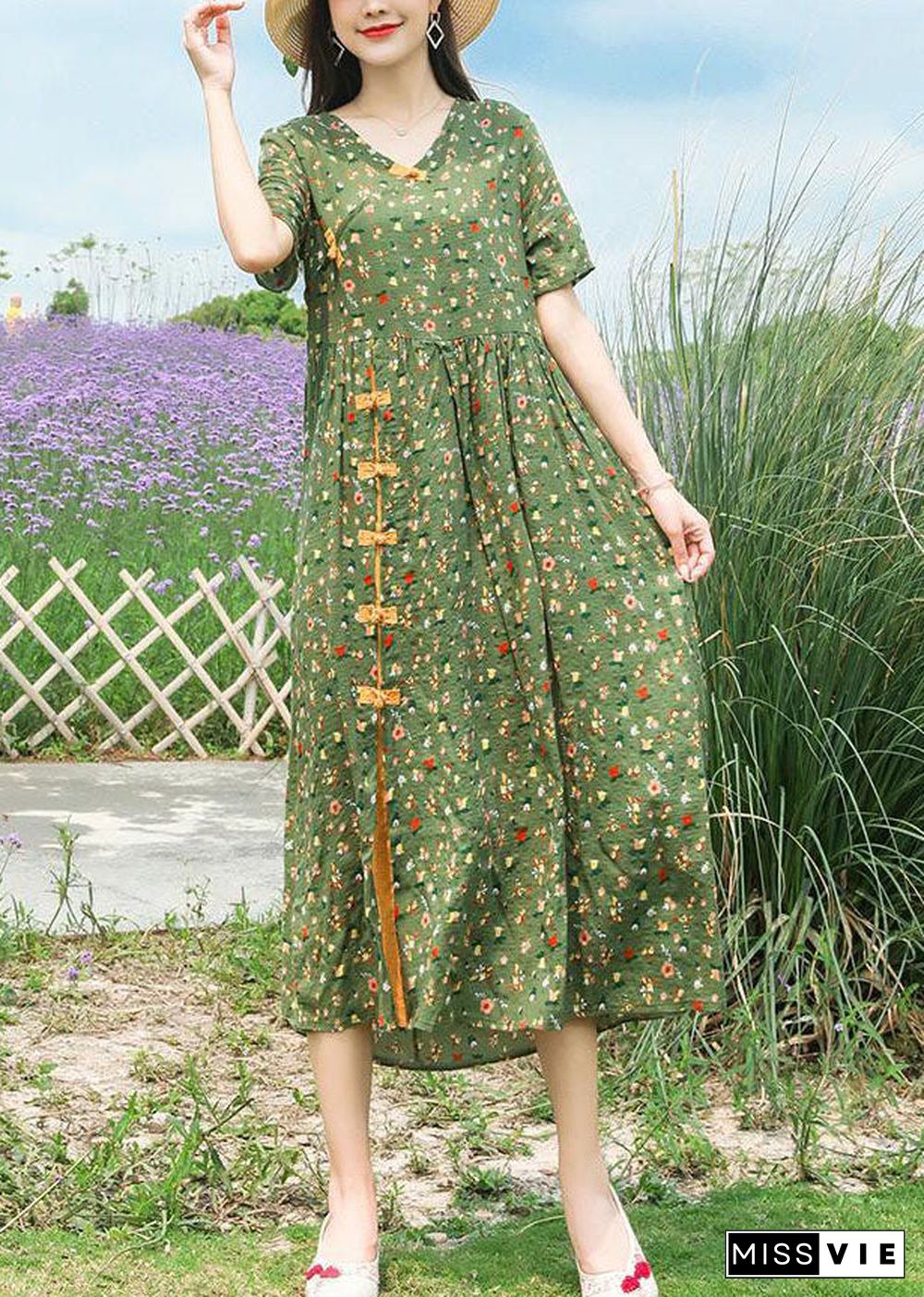 Boho Green Stand Collar Chinese Button Print Linen Dress Summer