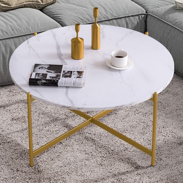 Modern Coffee Table Side Table，Gold Metal Frame with Marble Color Top