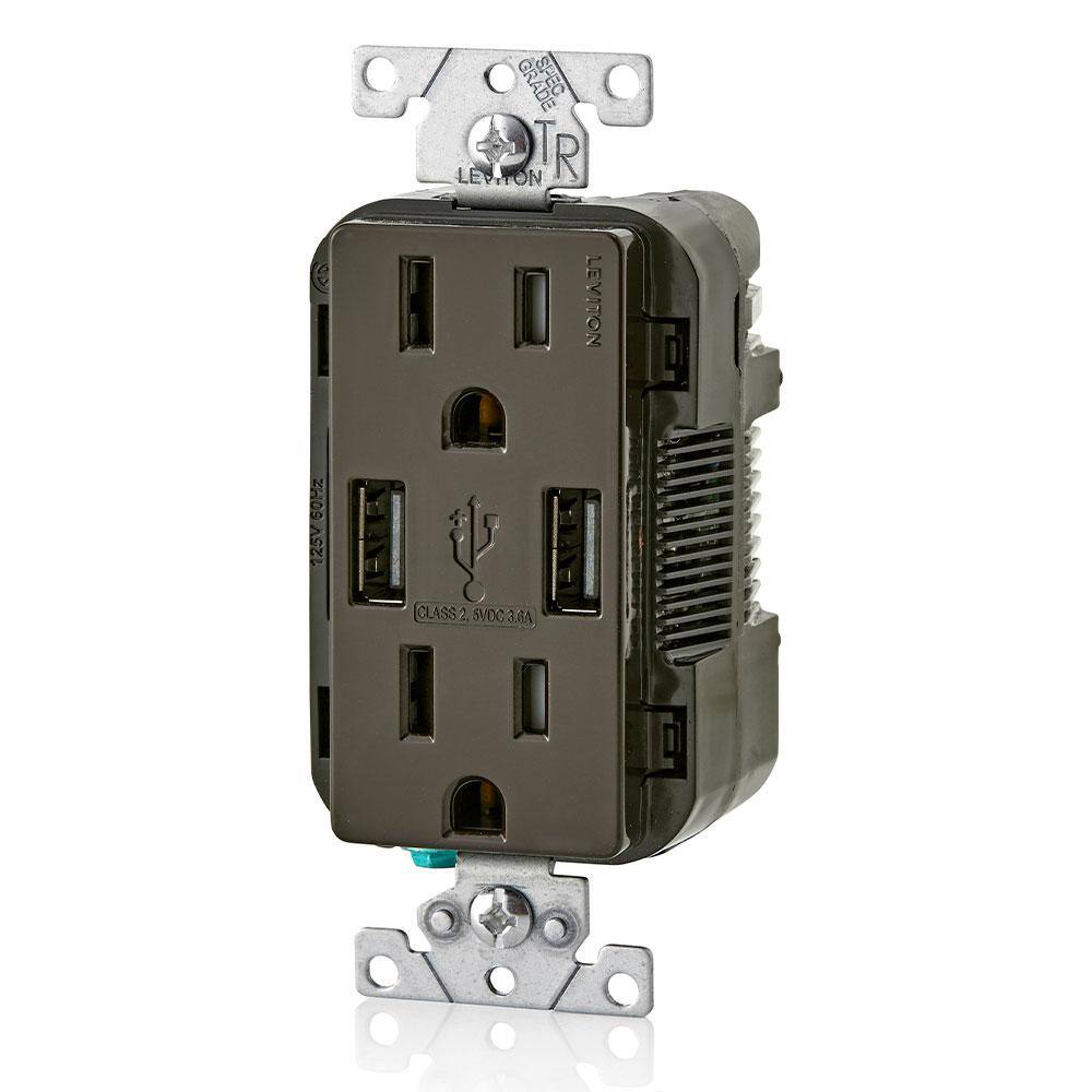 Leviton 3.6A USB Dual Type A In-Wall Charger with 15 Amp Tamper-Resistant Outlets Brown R06-T5632-0BB