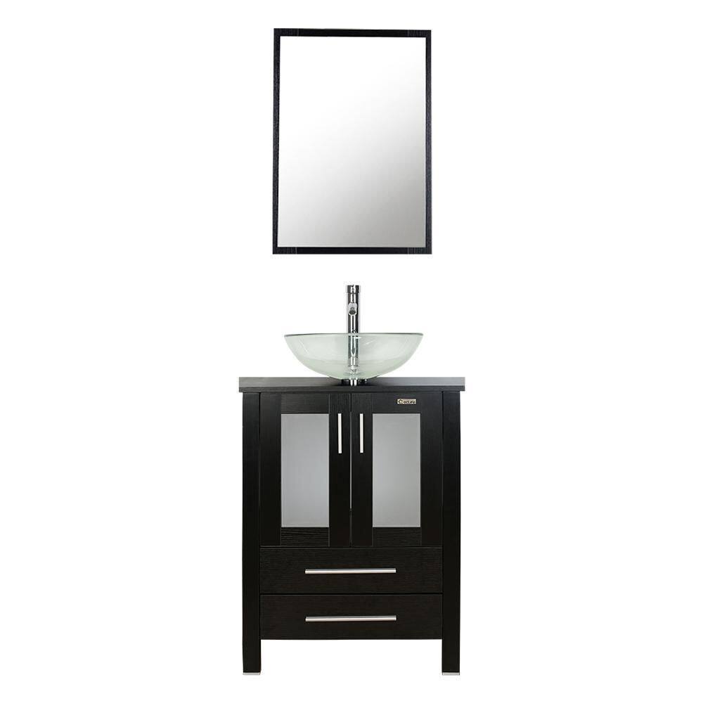 eclife 24 in. W x 20 in. D x 32 in. H Single Sink Bath Vanity in Black with Clear Vessel Sink Top Chrome Faucet and Mirror BV102BK+VS016TT