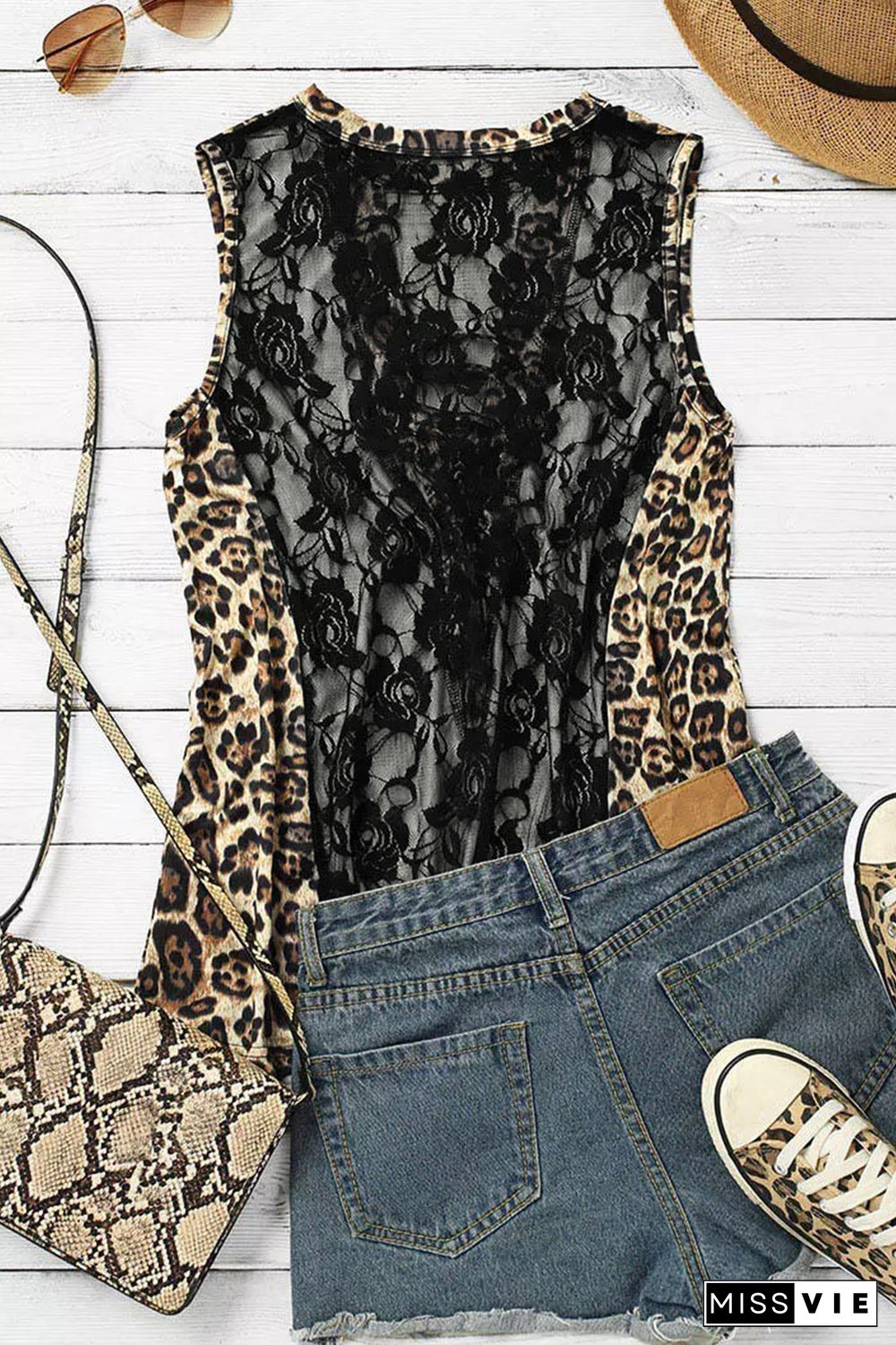 Criss Cross Front Contrast Lace Leopard Print Tank Top