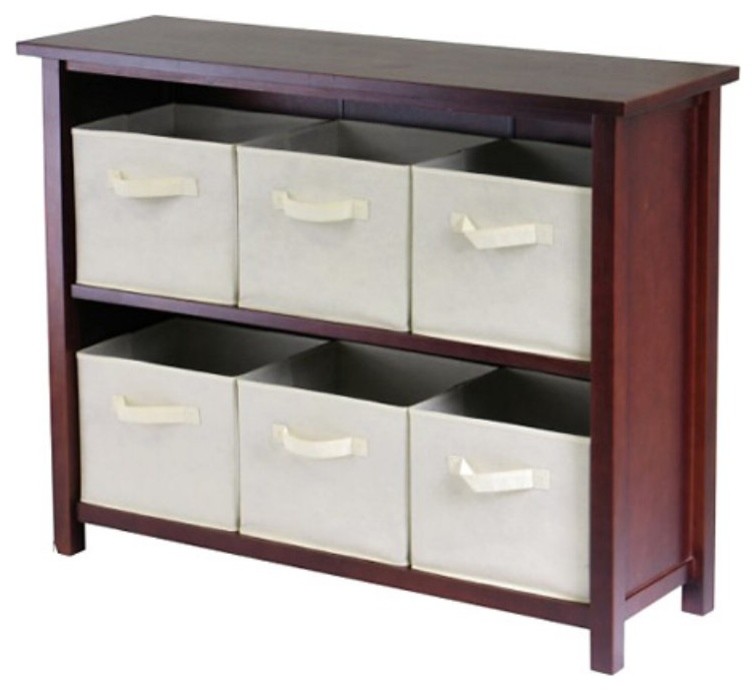 Verona 2 Section W Storage Shelf With 6 Foldable Beige Fabric Baskets   Transitional   Bookcases   by BisonOffice  Houzz