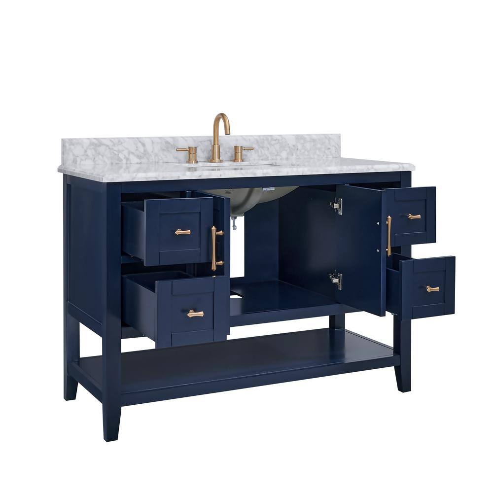 Home Decorators Collection Sturgess Open Shelf 49 in. W x 22. D x 35. H Vanity in Navy Blue with White Marble Vanity Top 19111S-VS49C-NB