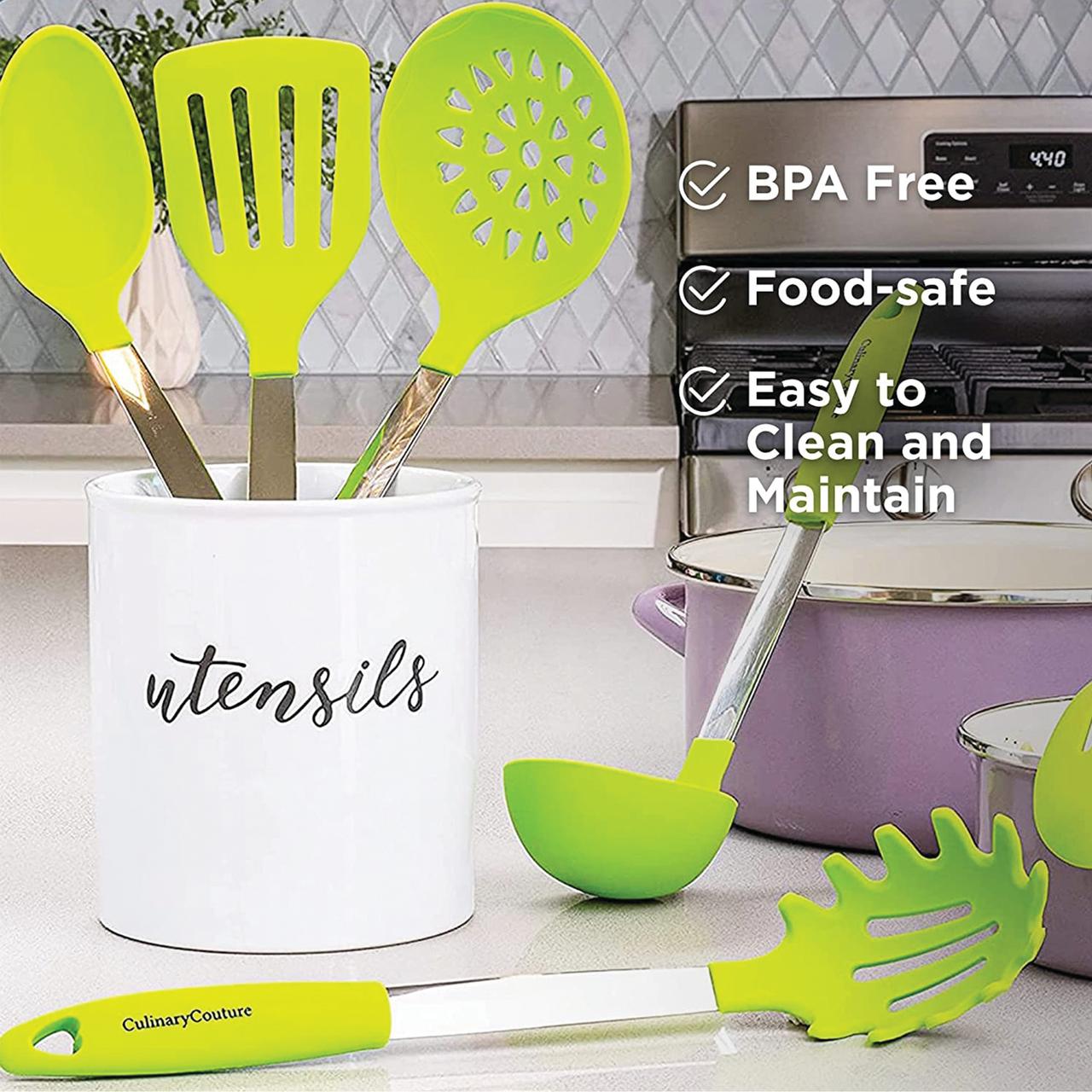 Culinary Couture Kitchen Utensils Set Cooking Essentials Silicone & Stainless Steel Set of 6 Lime Green