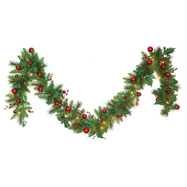 10 inch by 9 feet Garland with Red Balls and Berries，160 Tips，35 UL Lights