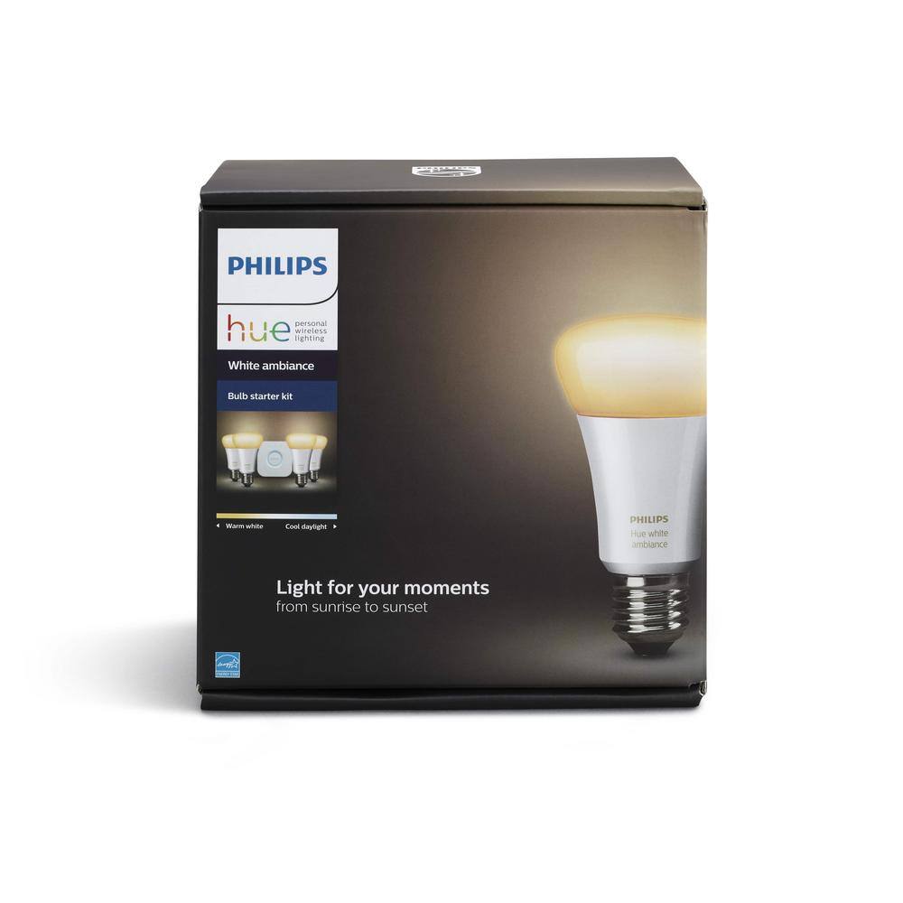 Philips Hue White Ambiance A19 LED 60W Equivalent Dimmable Smart Wireless Lighting Starter Kit (4 Bulbs and Bridge) 471986