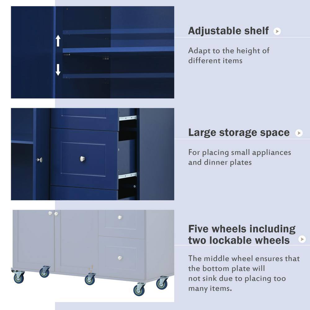 Aoibox Dark Blue Solid Wood Top 52.7 in. W Rolling Mobile Kitchen Island with Drop Leaf Locking Wheels and Storage Cabinet SNSA11IN015