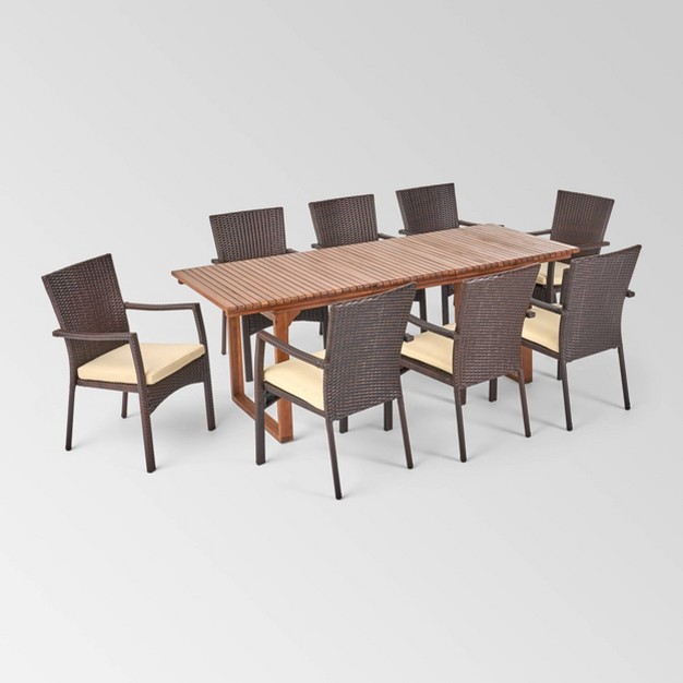 Villa 9pc Wood And Wicker Expandable Dining Set Brown And Cream Christopher Knight Home