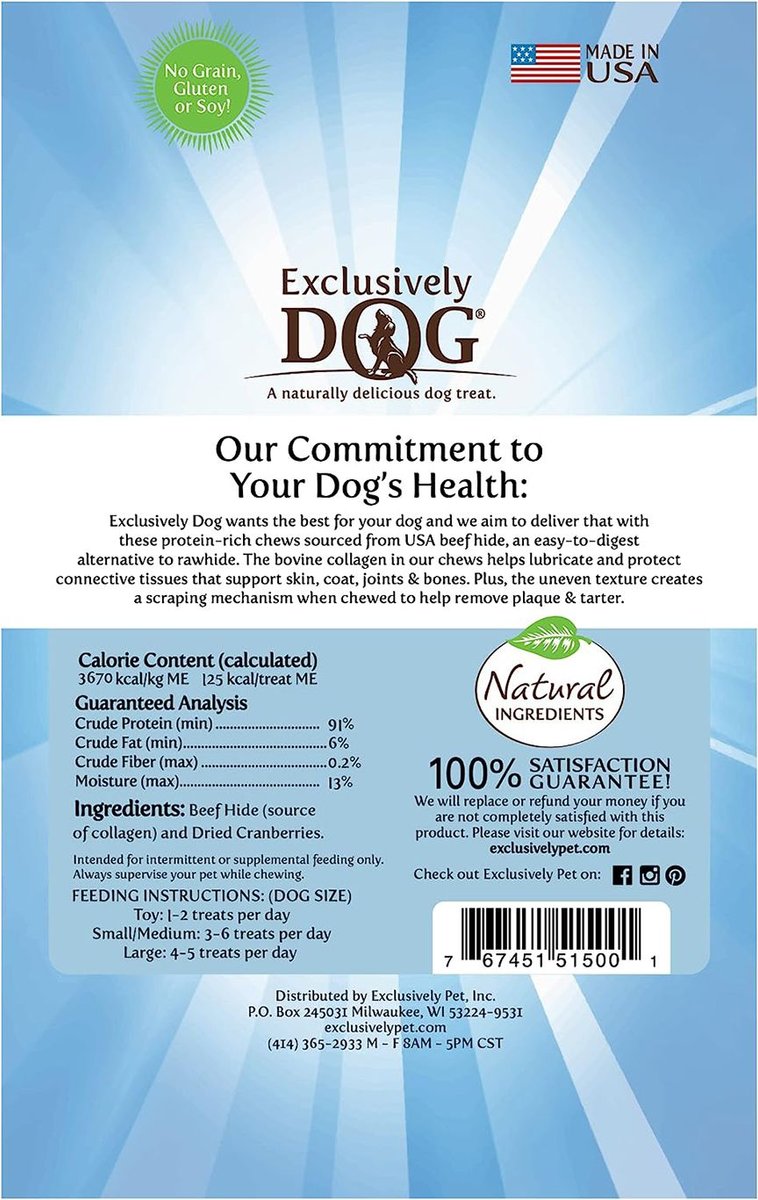 Exclusively Pet Collagen + Superfood Chews Cranberry Dental Dog Treats， 4-oz bag