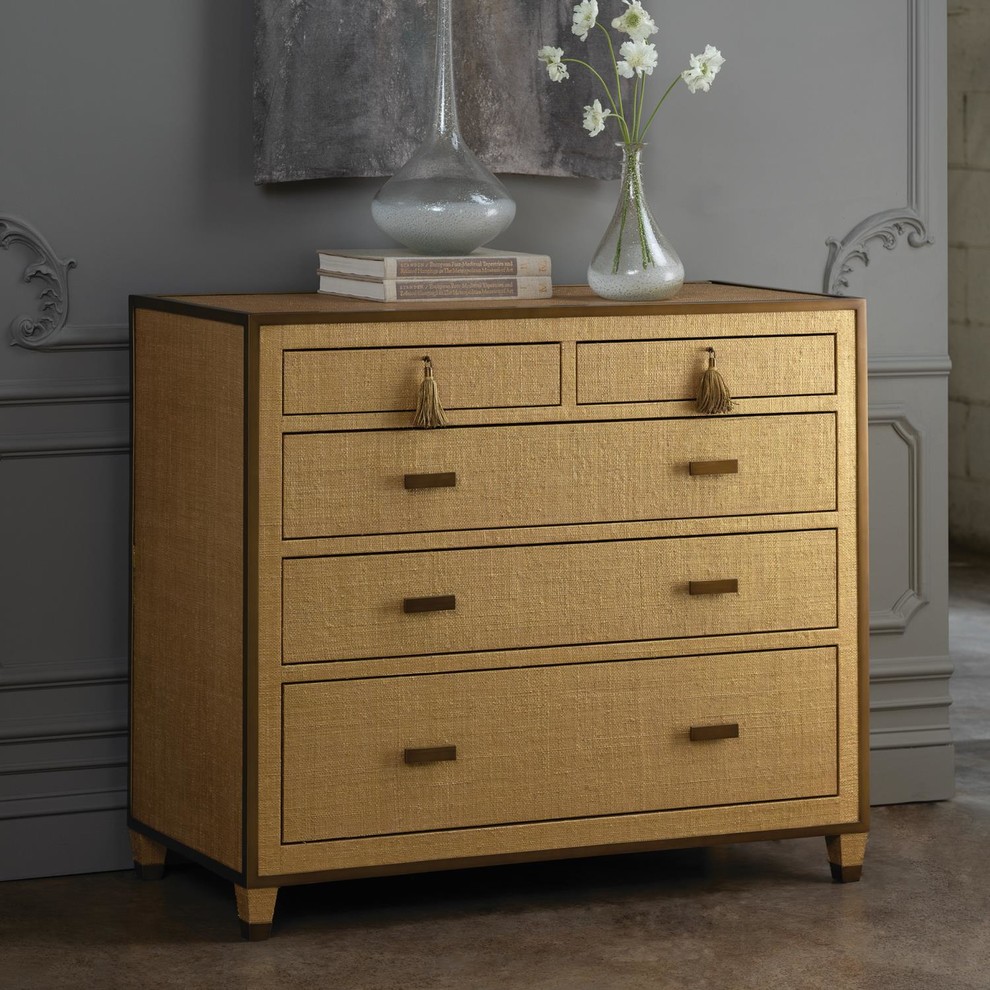 Elegant Textured Gold Contemporary Accent Chest  Tassel Modern 5 Drawer Dresser   Tropical   Accent Chests And Cabinets   by My Swanky Home  Houzz