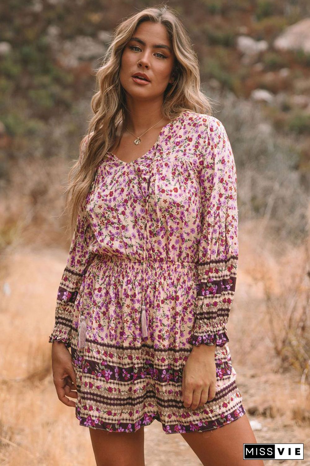 Pink Split V Neck Boho Floral Dress